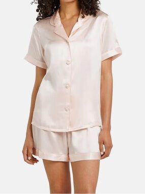 Fishers Finery Women's 100% Mulberry Silk Short Sleeve Pajama Set Petal Pink S